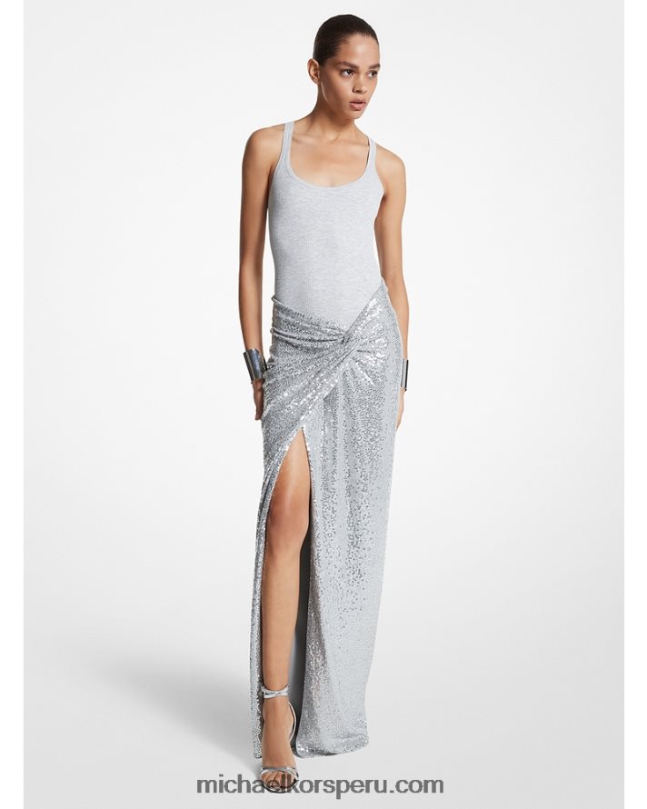 Z48V3458 Perla gris unisexo Michael Kors falda pareo de jersey elástico con lentejuelas bordadas a mano