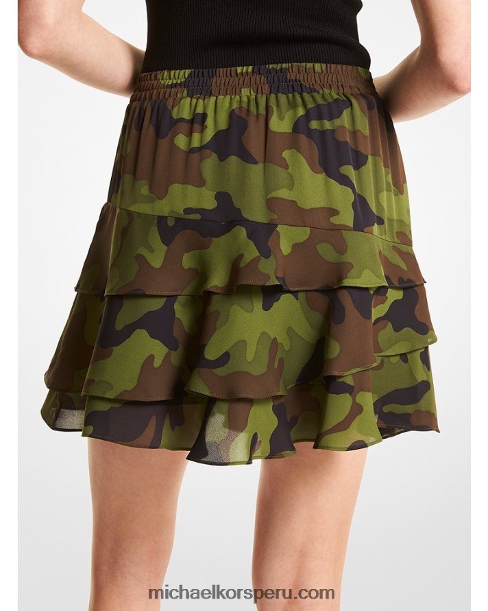 Z48V620 aceituna ahumada mujer Michael Kors falda de georgette de seda con volantes