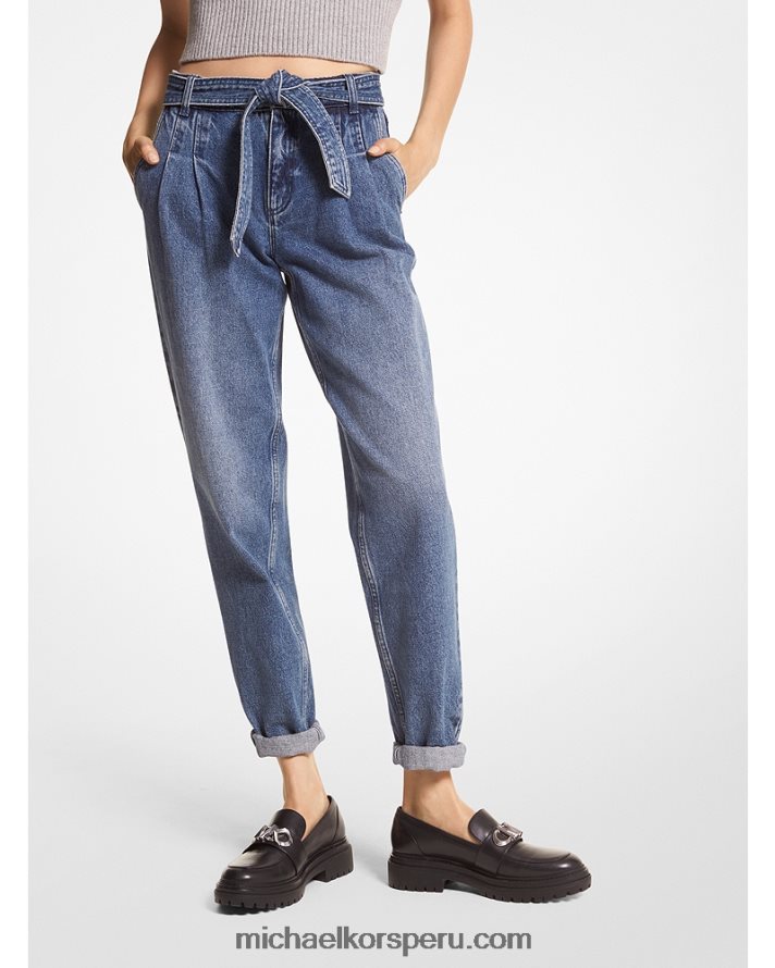 Z48V505 lavado azul anochecer mujer Michael Kors pantalones de mezclilla plisados