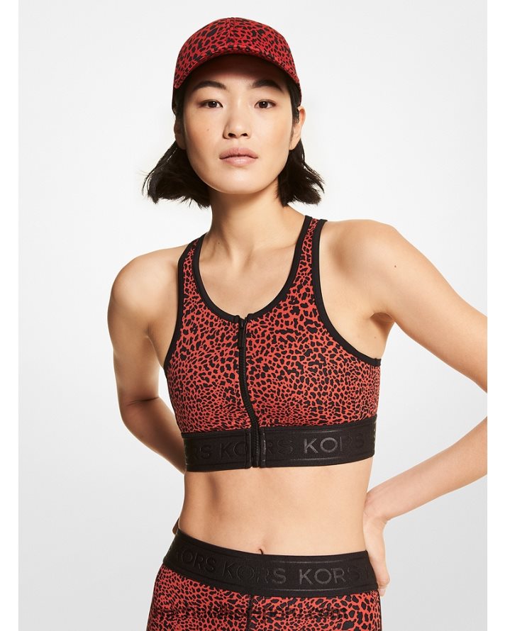 Z48V451 carmesí mujer Michael Kors Sujetador deportivo con cremallera frontal en mezcla de nailon con estampado animal gráfico