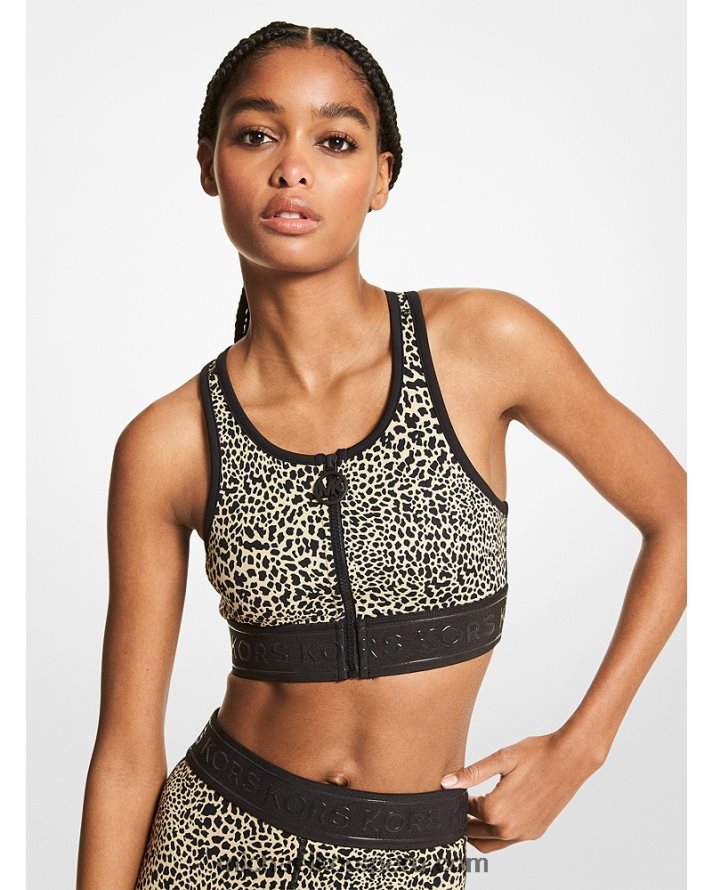 Z48V453 caqui mujer Michael Kors Sujetador deportivo con cremallera frontal en mezcla de nailon con estampado animal gráfico