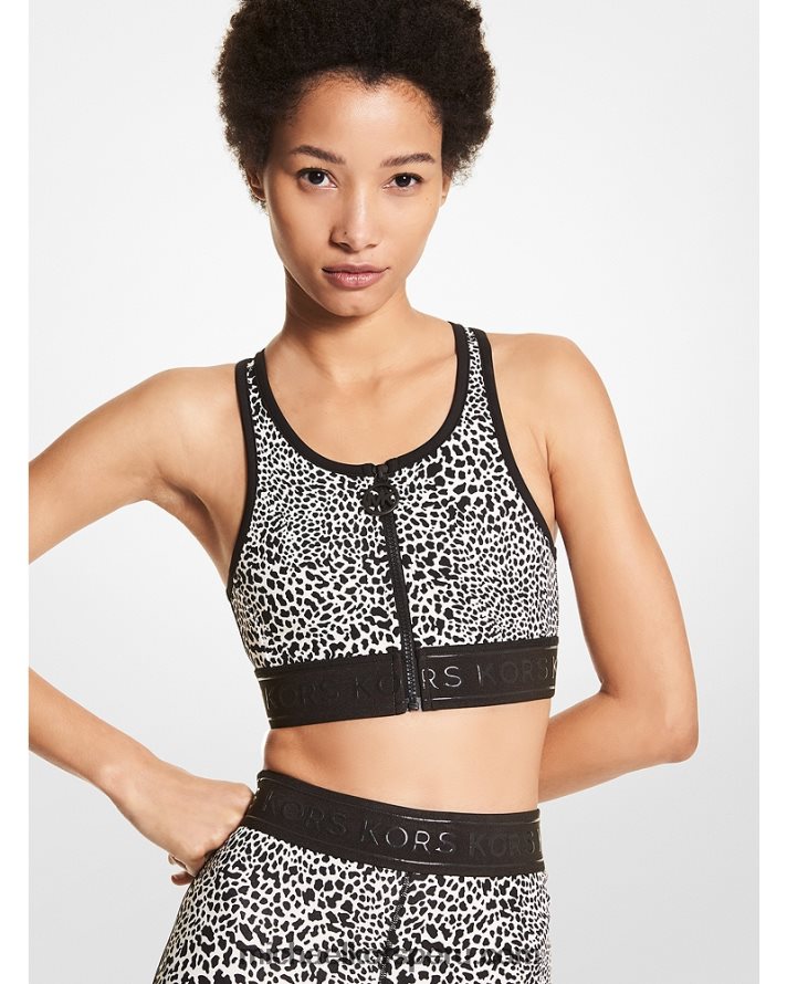 Z48V630 hueso mujer Michael Kors Sujetador deportivo con cremallera frontal en mezcla de nailon con estampado animal gráfico