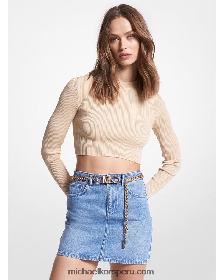 Z48V377 oro mujer Michael Kors suéter corto de canalé metalizado