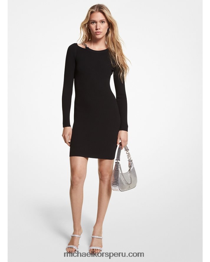 Z48V104 negro mujer Michael Kors vestido de viscosa elástica de canalé con eslabones de cadena