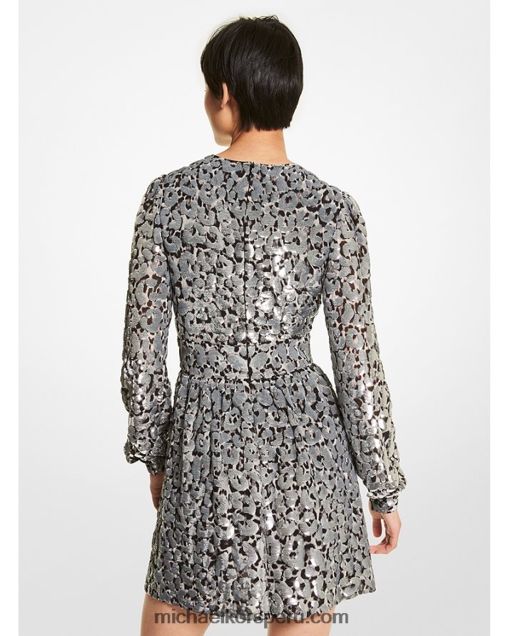 Z48V110 gris malaquita mujer Michael Kors vestido de georgette con estampado de leopardo y lentejuelas