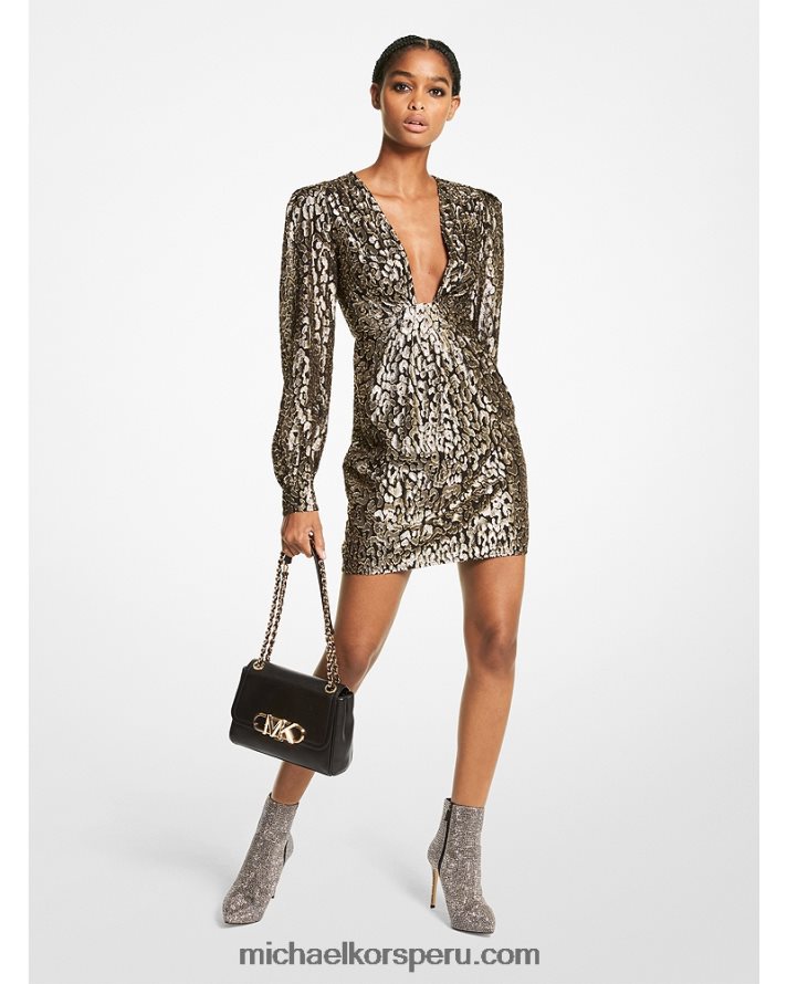 Z48V116 oro negro mujer Michael Kors vestido metalizado con clip de leopardo en jacquard