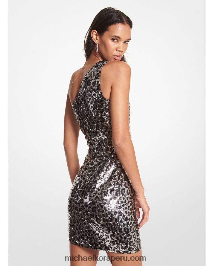 Z48V118 plata mujer Michael Kors vestido con un solo hombro y lentejuelas de leopardo