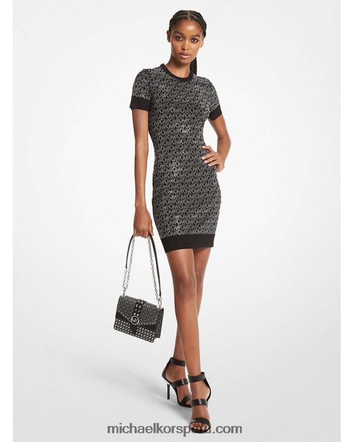 Z48V130 negro/plata mujer Michael Kors vestido corto de viscosa elástica con logo y tachuelas