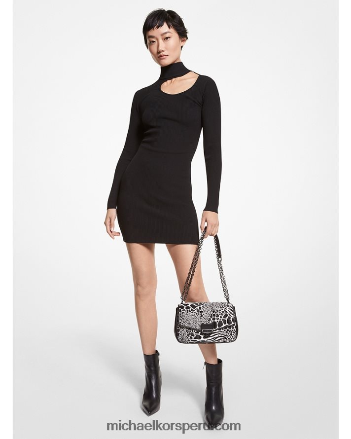 Z48V153 negro mujer Michael Kors vestido de canalé de viscosa elástica con aberturas
