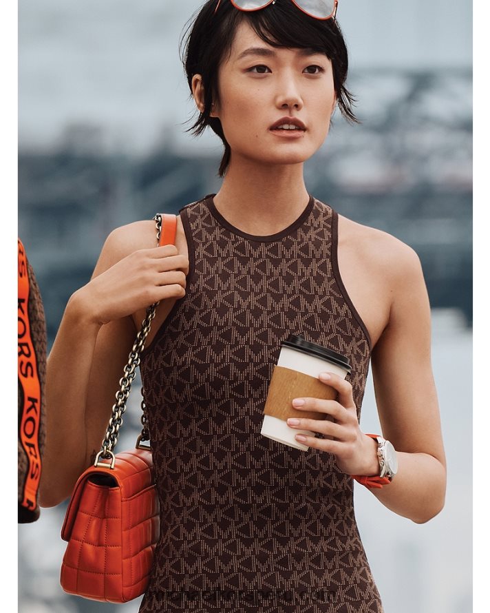 Z48V164 chocolate mujer Michael Kors vestido sin mangas con logo en jacquard