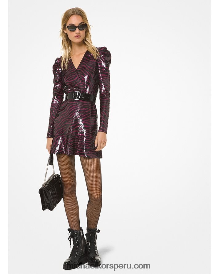 Z48V180 baya mujer Michael Kors vestido con volantes y lentejuelas de tigre