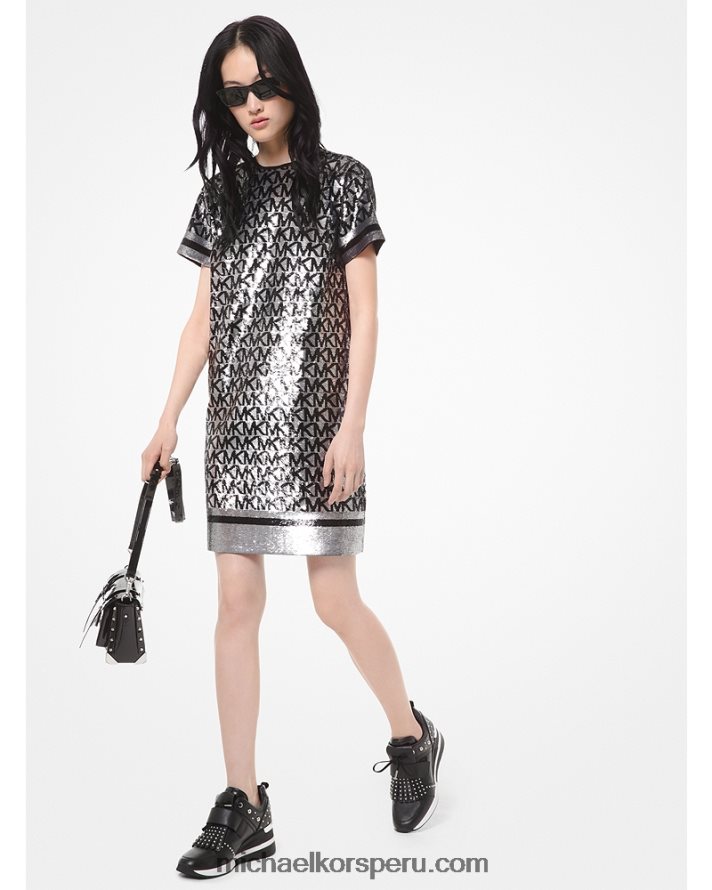 Z48V190 bronce/negro mujer Michael Kors vestido estilo camiseta de georgette con logo de lentejuelas