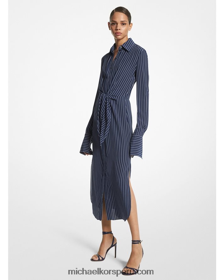 Z48V3552 azul marino/blanco op unisexo Michael Kors vestido camisero de crepé de China de seda orgánica a rayas con lazada en el frente de la colección