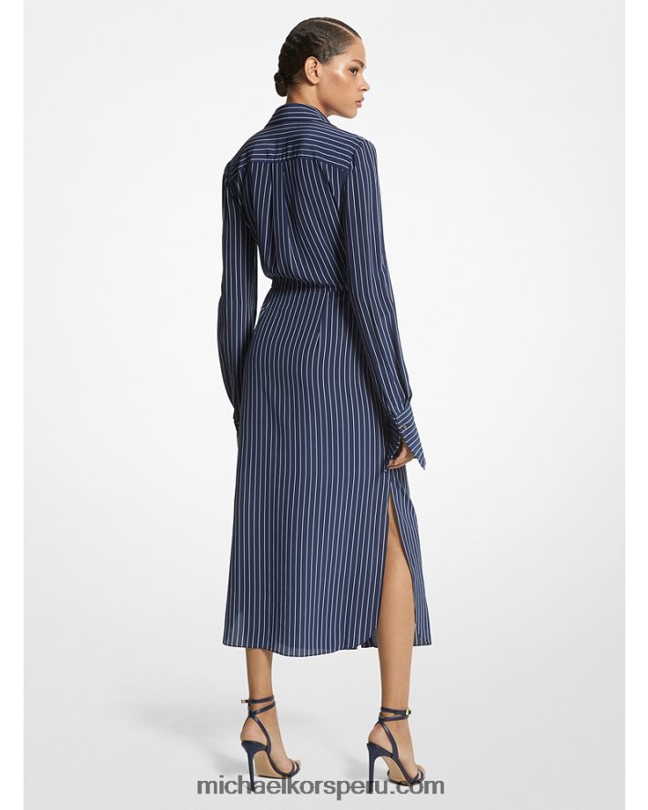 Z48V3552 azul marino/blanco op unisexo Michael Kors vestido camisero de crepé de China de seda orgánica a rayas con lazada en el frente de la colección