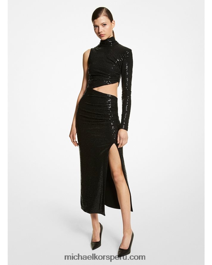 Z48V3588 negro unisexo Michael Kors colección vestido asimétrico de punto elástico con lentejuelas bordado a mano