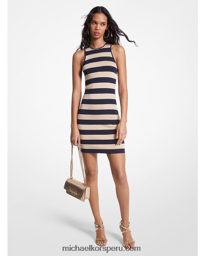 Z48V46 azul medianoche/oro mujer Michael Kors vestido en mezcla de viscosa reciclada con rayas metalizadas