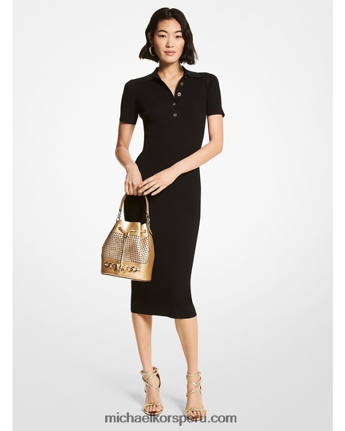 Z48V52 negro mujer Michael Kors vestido tipo polo de canalé en mezcla de viscosa con botones y logo