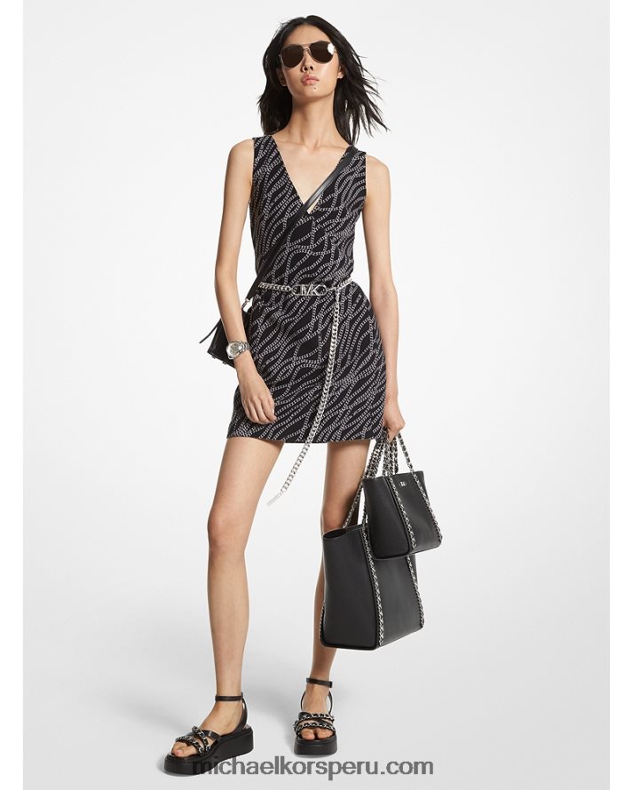 Z48V71 negro/plata mujer Michael Kors vestido corto de sarga elástica con estampado de estado