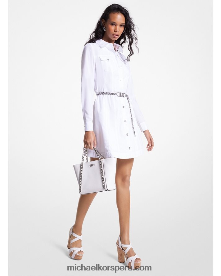 Z48V74 blanco mujer Michael Kors vestido camisero de popelina de algodón orgánico elástico con cinturón