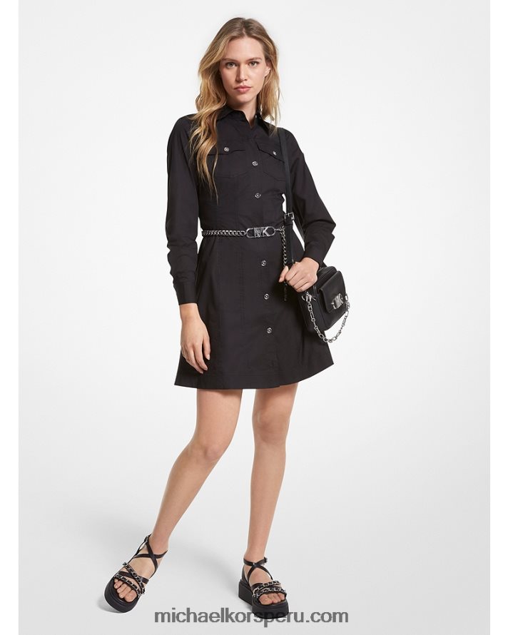 Z48V76 negro mujer Michael Kors vestido camisero de popelina de algodón orgánico elástico con cinturón