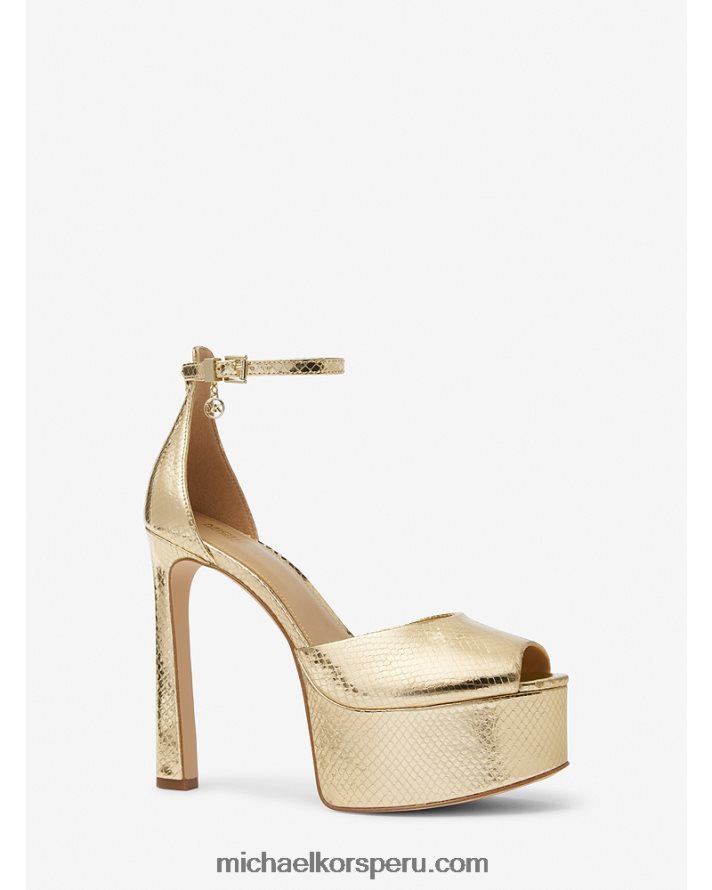 Z48V2280 oro pálido mujer Michael Kors Zapatos de tacón peep-toe con plataforma martina de piel grabada con serpiente metalizada