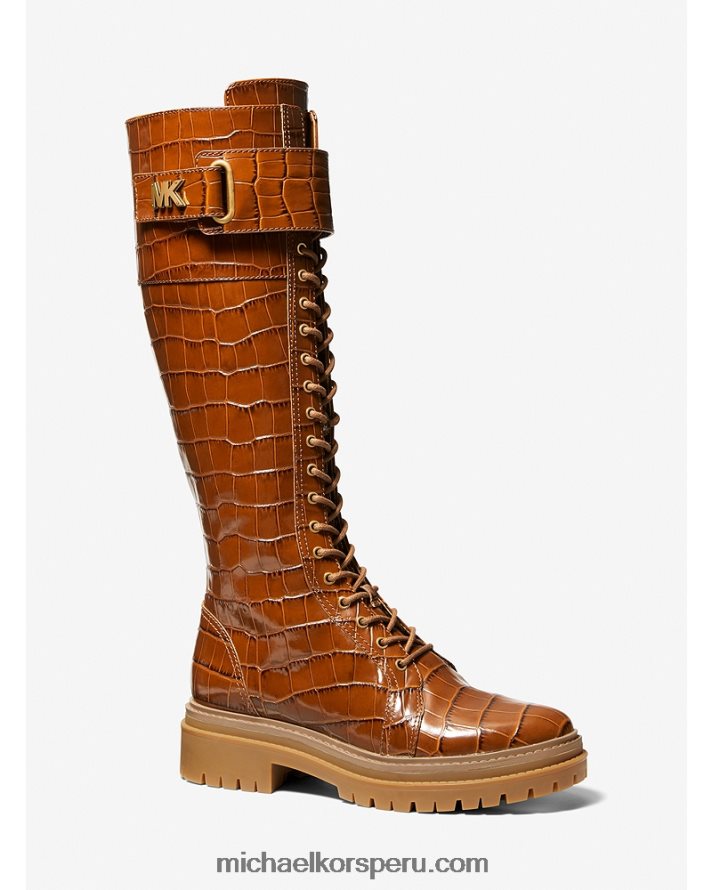 Z48V2145 castaña mujer Michael Kors bota militar Stark de piel de cocodrilo en relieve