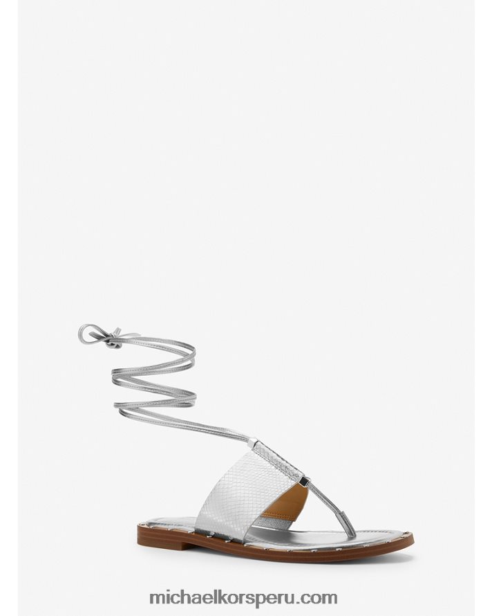 Z48V1839 plata mujer Michael Kors sandalias jagger de piel metalizada con grabado de serpiente y cordones