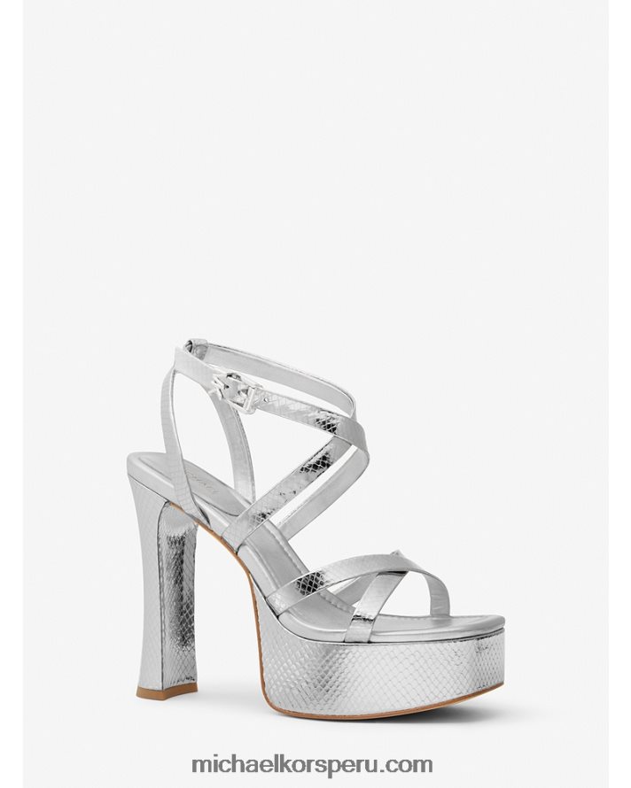 Z48V1887 plata mujer Michael Kors Sandalia paola con plataforma de piel grabada con serpiente metalizada
