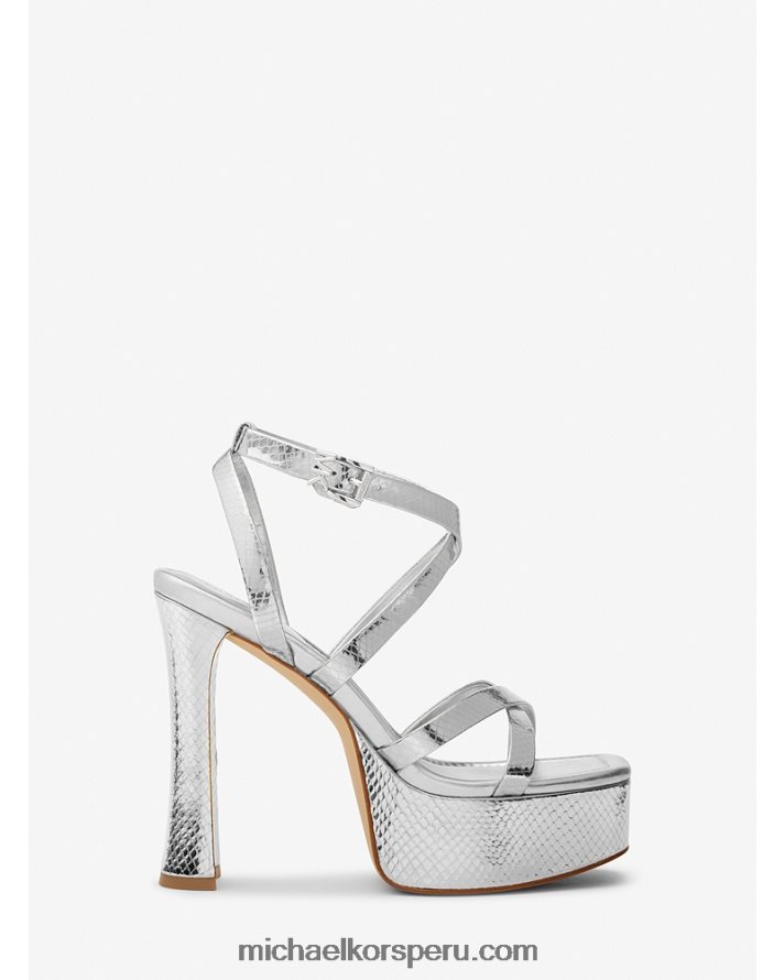 Z48V1887 plata mujer Michael Kors Sandalia paola con plataforma de piel grabada con serpiente metalizada