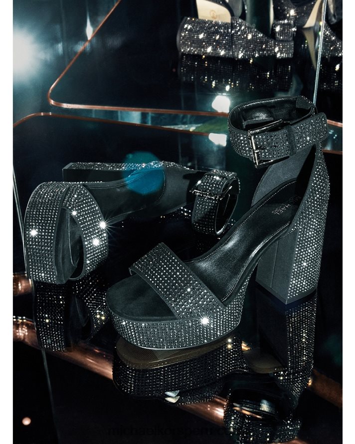 Z48V2025 negro mujer Michael Kors sandalias de plataforma de gamuza sintética con adornos de cristal de tara