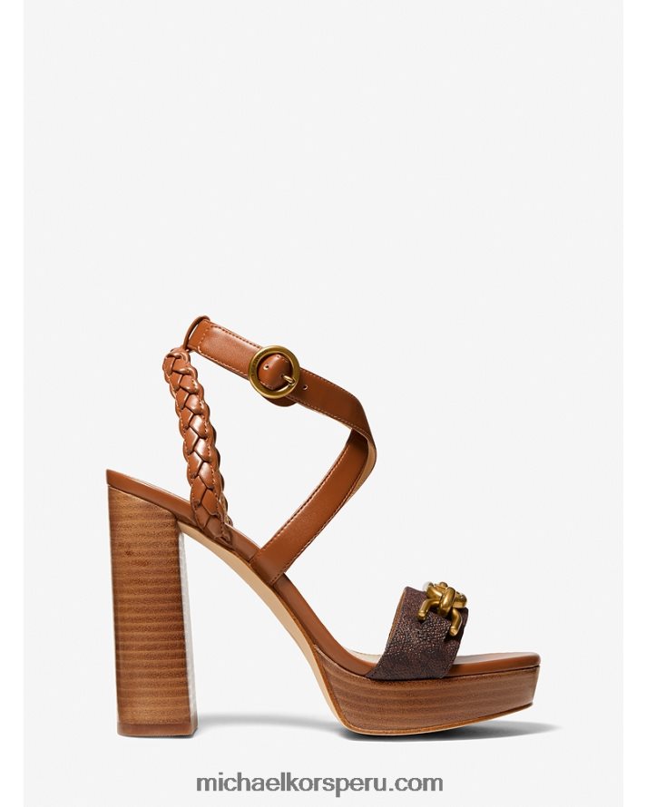 Z48V2049 marrón mujer Michael Kors sandalias con plataforma de cuero y logo adornado Kailey