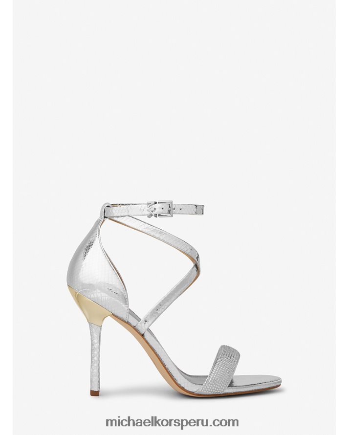 Z48V2071 plata mujer Michael Kors sandalias Astrid de piel metalizada con detalles de serpiente en relieve