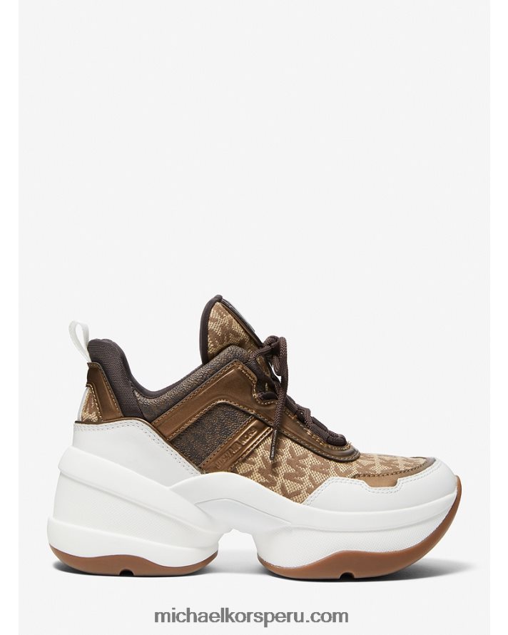 Z48V1773 beige/ébano/marrón mujer Michael Kors Deportivas de piel metalizada y jacquard con logotipo de Olympia