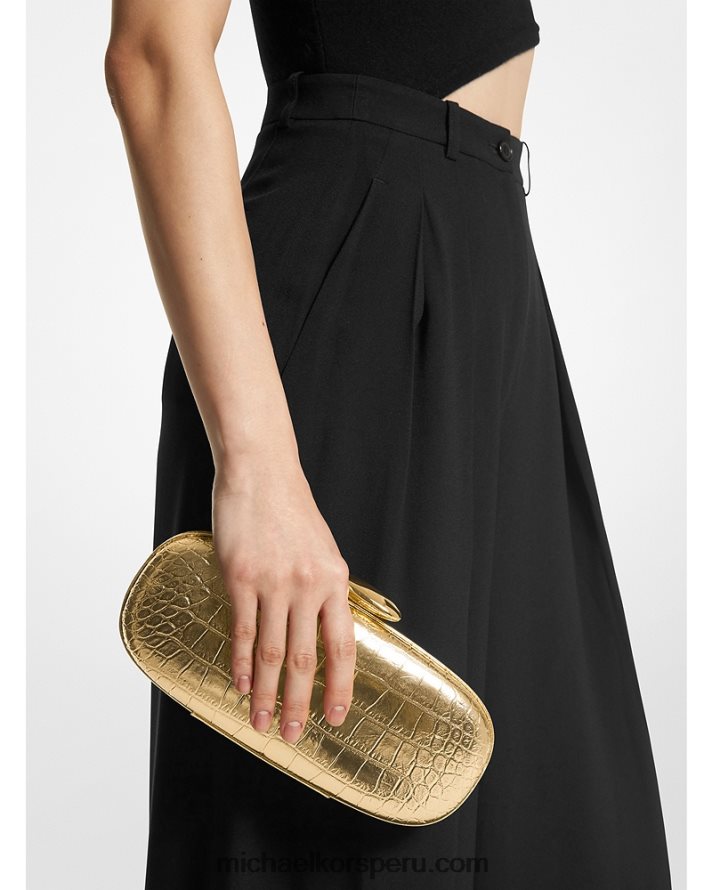 Z48V3777 oro unisexo Michael Kors colección tina pequeño minaudiere de piel repujada de cocodrilo metalizado