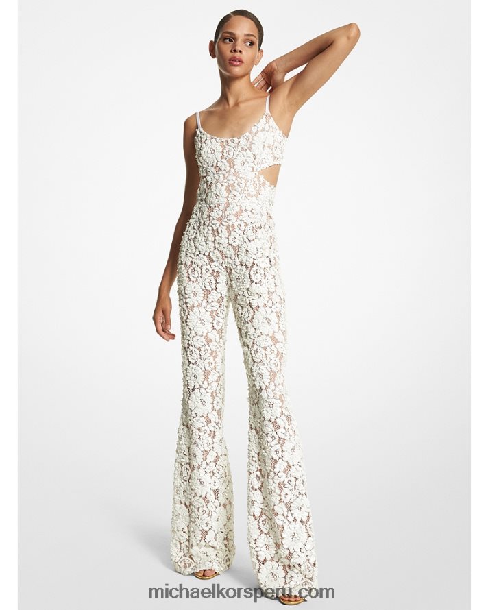 Z48V3424 Blanco óptico unisexo Michael Kors mono acampanado de encaje floral con paillette bordado a mano de la colección