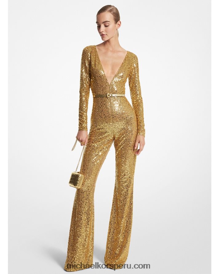 Z48V3452 bronceado unisexo Michael Kors mono de tul elástico con paillette bordado a mano de la colección