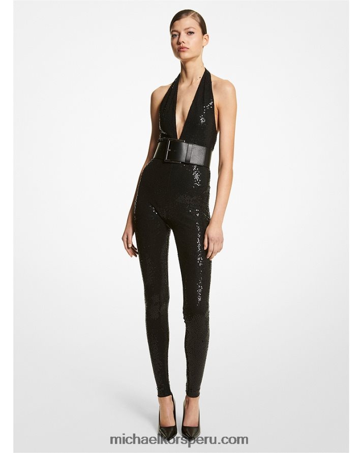 Z48V3591 negro unisexo Michael Kors Catsuit de punto elástico mate con lentejuelas bordadas a mano de la colección