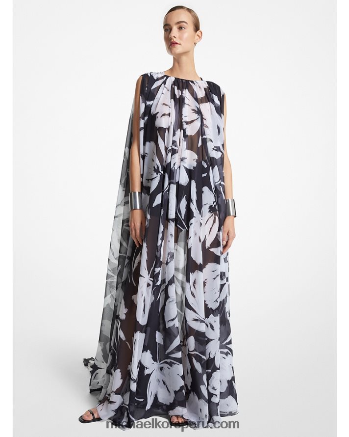 Z48V3416 blanco negro unisexo Michael Kors vestido de caftán de gasa de seda floral pincelada colección