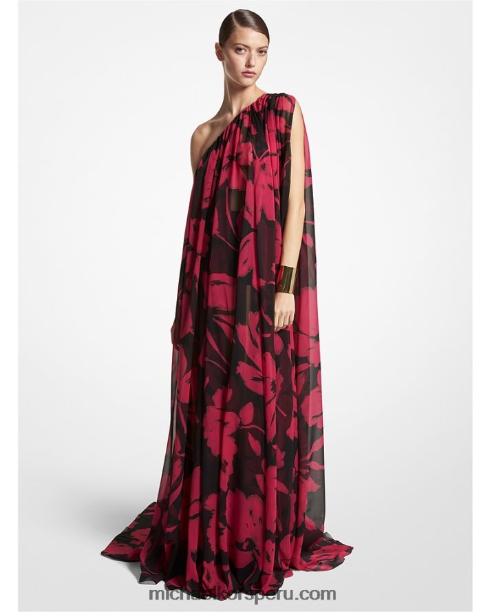 Z48V3514 fucsia/negro unisexo Michael Kors vestido caftán de un solo hombro de chifón de seda floral con pinceladas de la colección