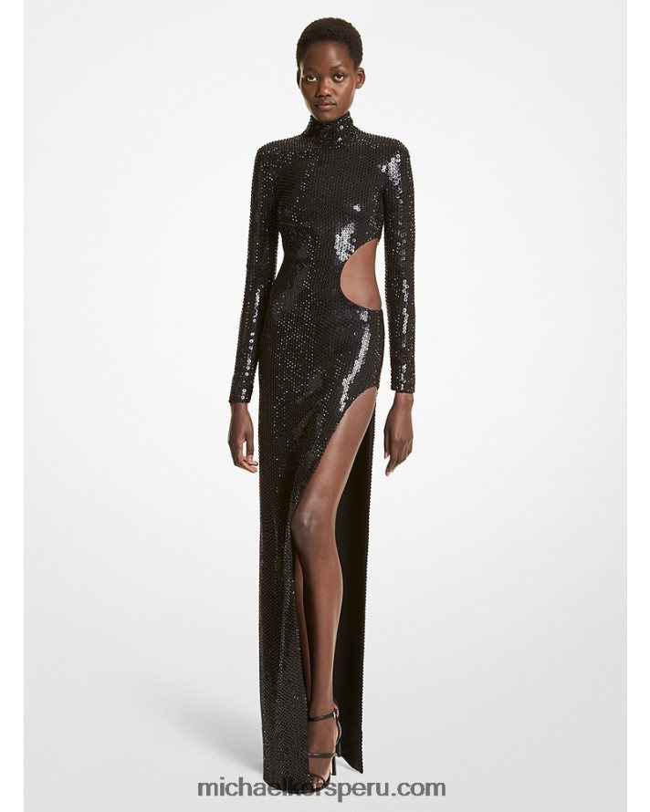 Z48V3586 negro unisexo Michael Kors vestido de fiesta de cady elástico con cristales bordado a mano de la colección