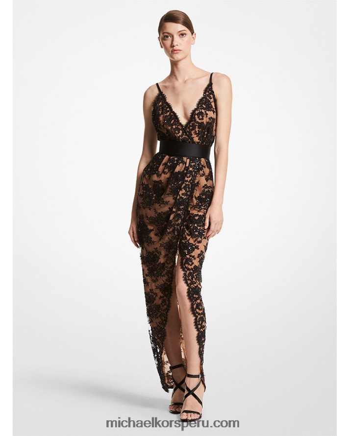 Z48V3754 negro unisexo Michael Kors vestido lencero de chantilly con bordado de paillette de la colección